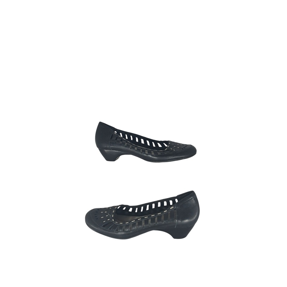 Strictly Comfort Wedge Pumps 6M Black Leather Laser Cut Out Low Heel Shoes